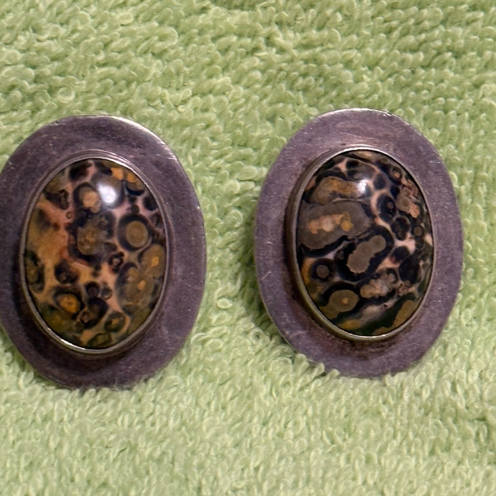 Vintage Mexico 925 Silver Leopard Jasper Clip on Earrings